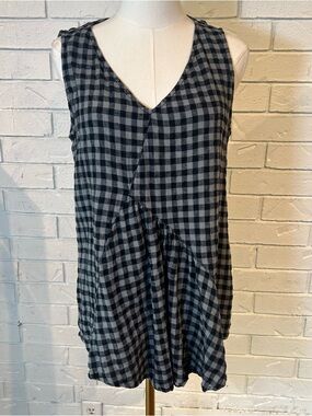 Cut Loose 100% Linen Black and Gray Gingham V-Neck Tunic Womens S
